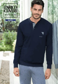 Pigiama Uomo Lungo 100% Cotone Jersey Enrico Coveri 8132 Prezzo Promozionale